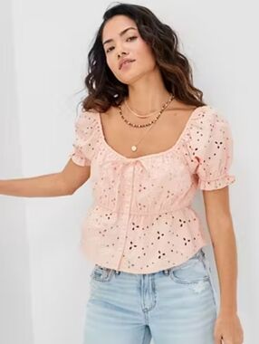 American Eagle Outfitters Pink Eyelet Ruched Peplum Top